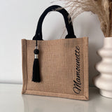 Sac en Toile de Jute avec Pompon Noir et Personnalisé avec Prénom sur le coter