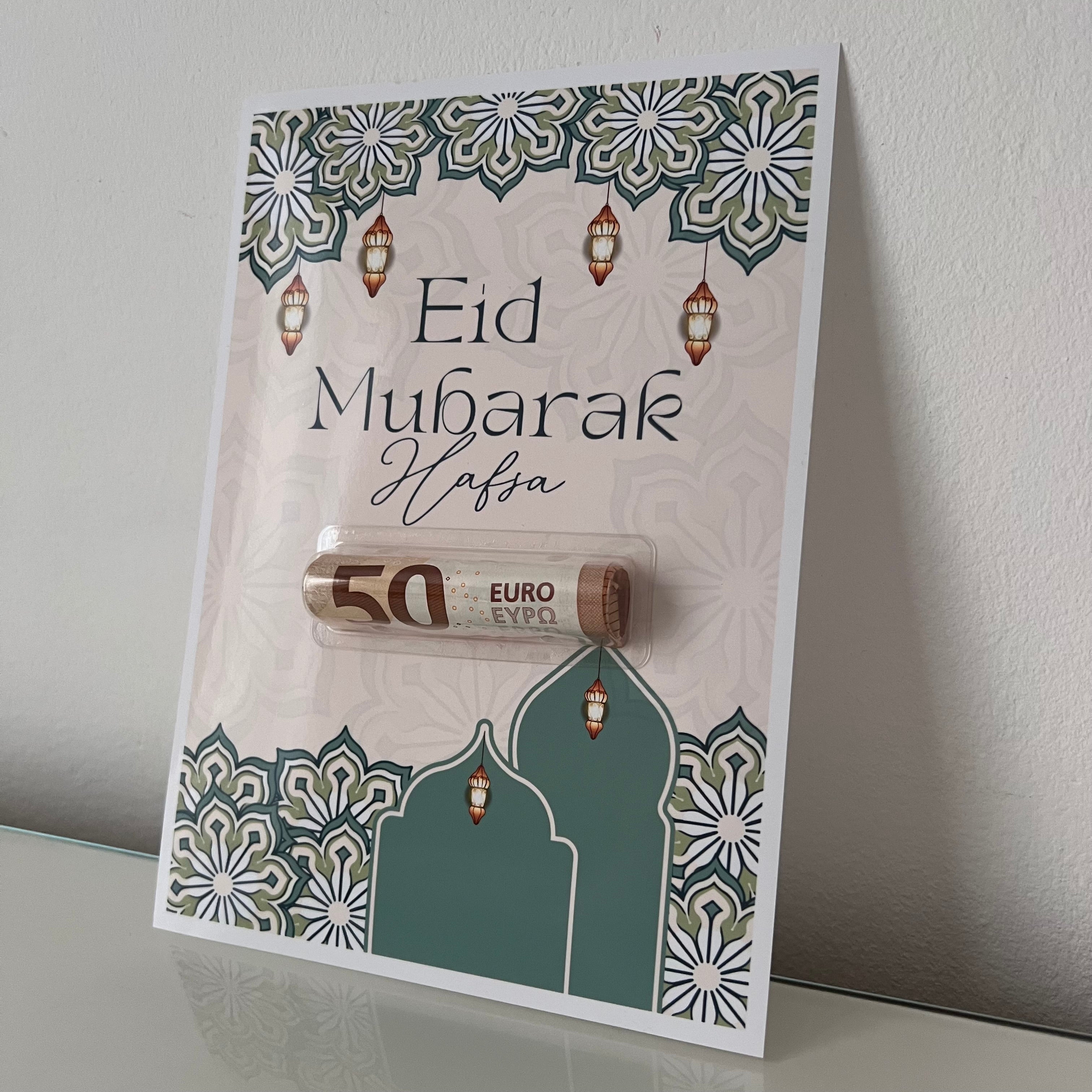 Carte Eid Mubarak avec support billet et Prénom personnalisé