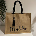 Sac en Toile de Jute avec Pompon Noir et Personnalisé avec Prénom centré