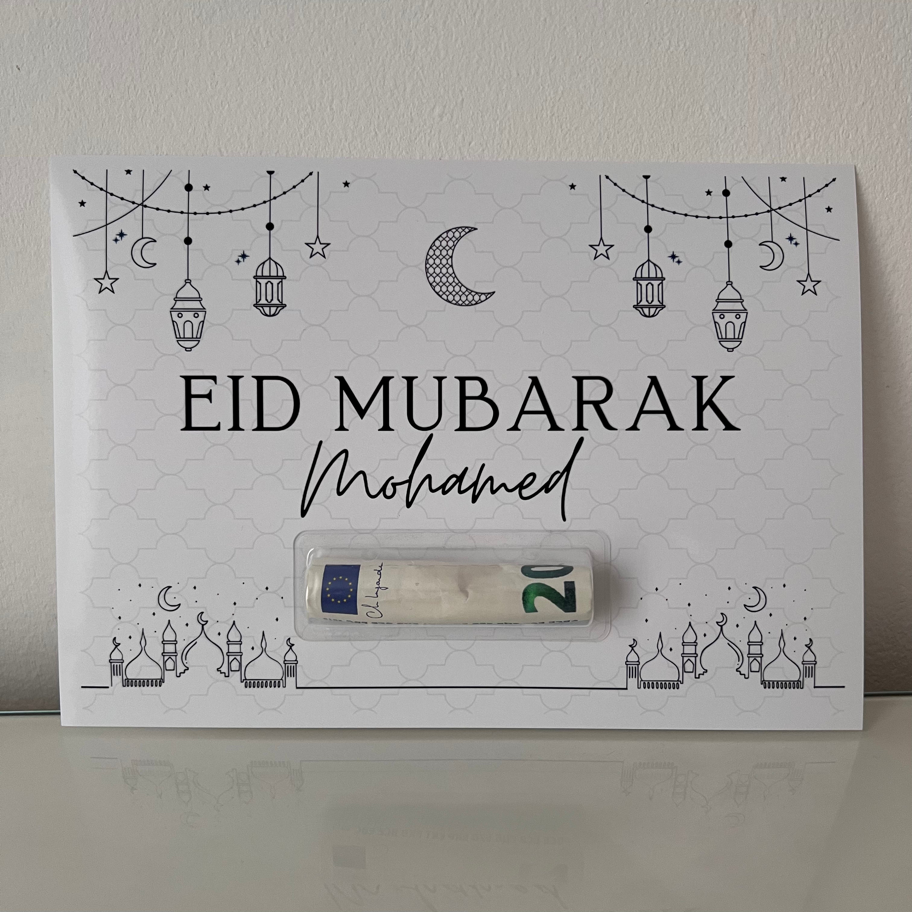 Carte Eid Mubarak avec support billet et Prénom personnalisé